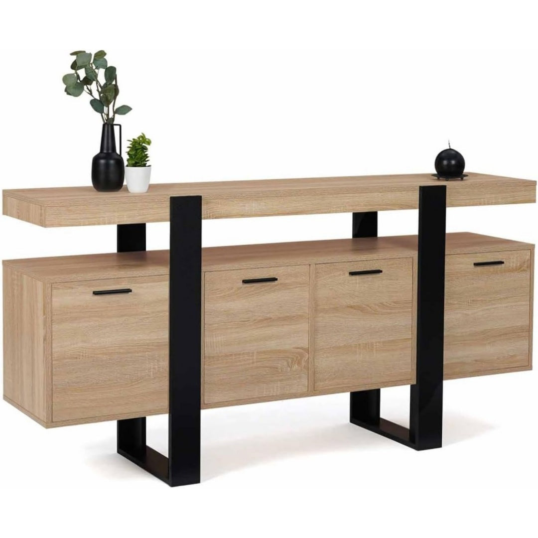 Meuble de rangement marron style industriel, enfilade a 4 portes 3 tiroirs