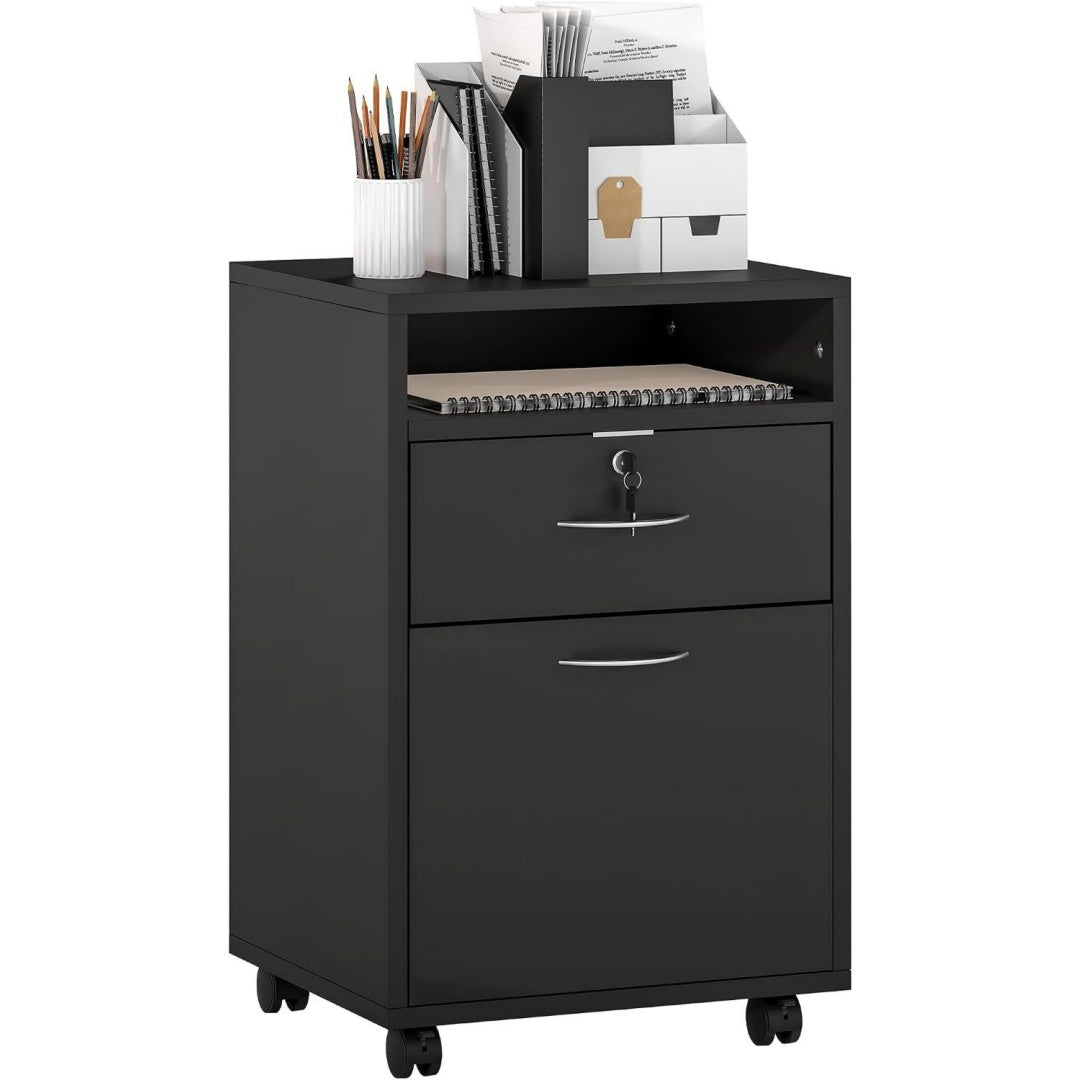 Commode gris fonce, roulettes, espace organise
